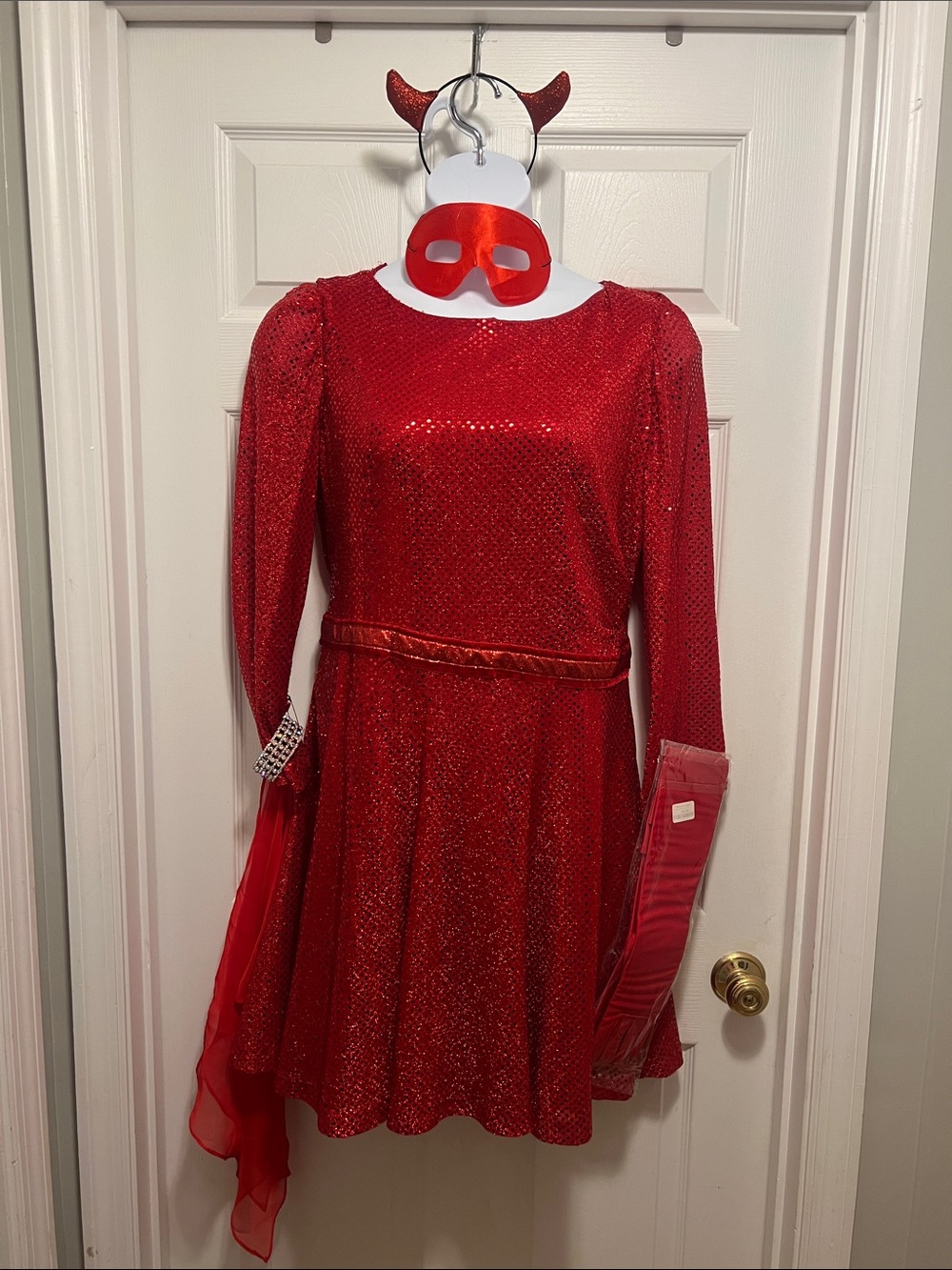 Red Sparkle Adult “Red Devil” Costume Dress with Mask and Scarf and Headband